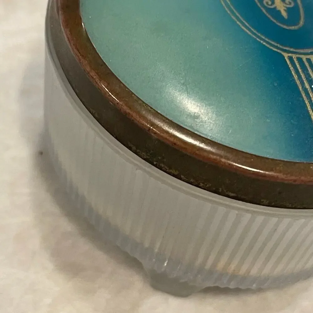 Vintage 50’s Powder jar teal lid brass trim